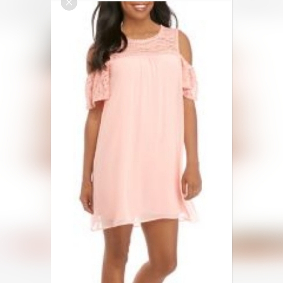 Pastel Peach Mini Slip Babydoll Dress Lace Cold Shoulder Romantic Coquette - Picture 1 of 11